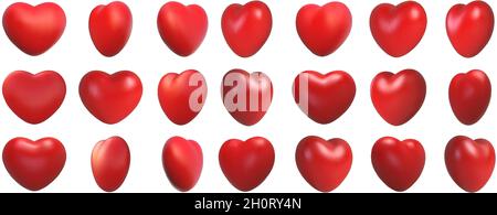 Valentinstag Liebe Symbol, 3d Herzen Rotation. Realistisches romantisches Emoji, rotes Herz-Symbol vorne und Drehwinkel-Ansicht. Vektor-Set mit Hochzeitsdekor Stock Vektor