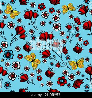 Nahtlose fröhliche Hintergrund mit Blumen und Schmetterlingen. Vektorgrafik Stock Vektor
