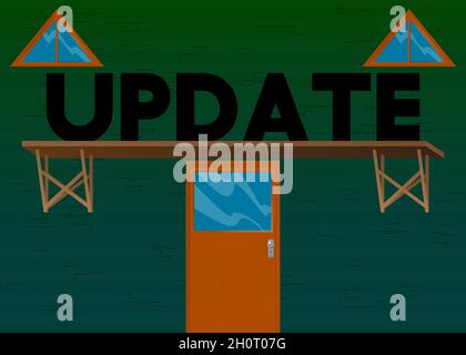 Aktualisieren Sie den Text mit dem Hintergrund der Vordertür. Bar, Cafe oder Drink Establishment Front mit Plakat. Stock Vektor