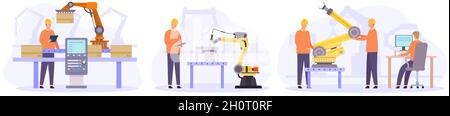 Ingenieure kontrollieren, prüfen und reparieren automatisierte Roboterarme. Flache intelligente Werksinspektion. Vektorkonzepte für die Automatisierung in der Fertigungsindustrie Stock Vektor
