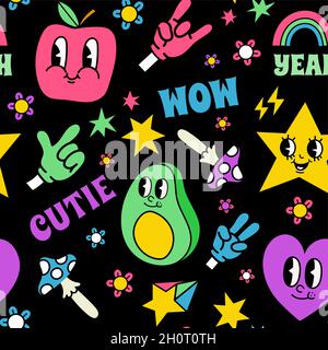 Figuren im Retro-Comic-Stil mit nahtlosem Muster an Gesichtern und Händen. Trendiger Druck mit psychedelischen Aufklebern. Lustige Cartoon Elemente Vektor-Textur Stock Vektor