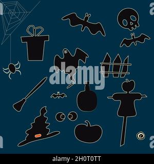 Set von Silhouetten zum Thema halloween. Schwarze Silhouetten von Gegenständen für den Urlaub. Geist, Kürbis, Fledermaus, Hexenobjekte. Für mobile App oder Clipar Stock Vektor
