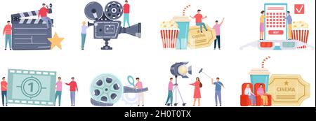 Flache, kleine Charaktere, die Filme aufnehmen, drehen und ansehen. Filmregisseur, Drehteam, Leute im Kino. Vektor-Set für das Filmproduktionsteam Stock Vektor