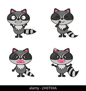 Niedliche Waschbären Comic-Figuren setzen flachen Stil Stock Vektor
