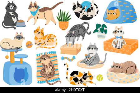 Cartoon-Katzen spielen mit Spielzeug, entspannen und schlafen im Bett. Hauchzärige Tierchen-Charaktere in lustigen Posen. Niedliche tabby Katze Aufkleber Vektor-Set Stock Vektor
