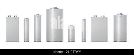 elektrische 3D-Metallzylinder-Batterien, AA, AAA und AAAA. Alkalische chemische Auflagezelle 9 V, Gleichstrom. Realistischer Power Battery Mockup Vector Set Stock Vektor