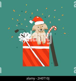 Hand gezeichnet Vektor abstrakt Spaß Frohe Weihnachten und Happy New Year Time Cartoon Illustration Grußkarte mit Weihnachten niedlich lustigen Hund in Geschenkbox und Stock Vektor
