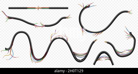 Realistische gebrochene und zerrissene Kupferstromkabel. Beschädigte Kabel mit Schnitten. Trennen Sie das Kommunikationskabel. Gefahr Stromkabel Vektor gesetzt Stock Vektor