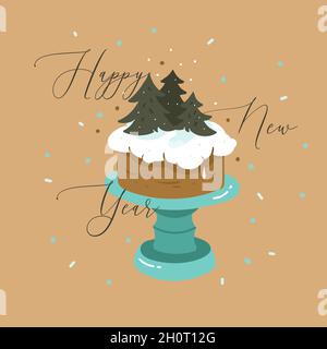 Hand gezeichnet Vektor abstrakt Spaß Frohe Weihnachten und Happy New Year Time Cartoon Illustration Grußkarte mit Weihnachten Kuchen Stand und Happy New Year Text Stock Vektor