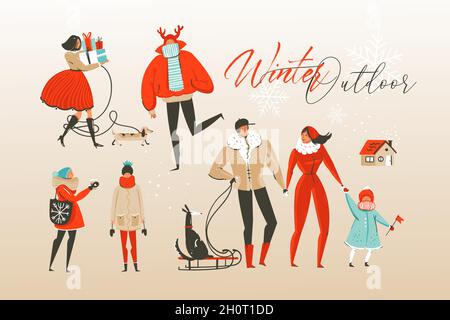 Handgezeichnete Vektor abstrakt Frohe Weihnachten und Happy New Year Cartoon Illustrationen Gruß Kollektion mit Winter Outdoor feiert Menschen gesetzt Stock Vektor