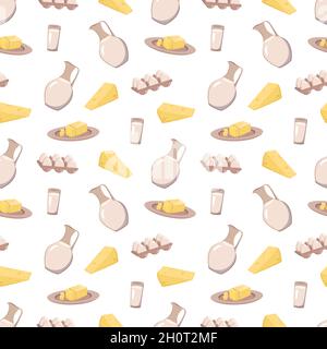 Nahtloses Muster mit Milchprodukten. Wiederholende Symbole von Käse, Milch, Eiern, Butter. Druck für Textilien, Papier, Speisekarten, Cafés, Restaurants Designs. Vektorgrafik flach Stock Vektor
