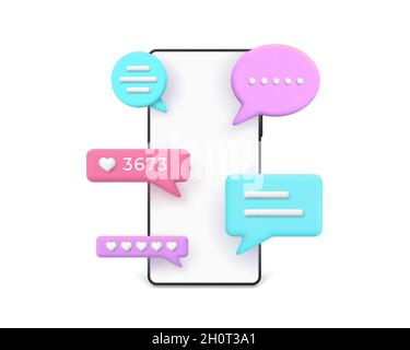 3d-realistisches Telefon mit popping Nachrichten und Kommentare in Sprechblasen. Smartphone-Textdialog, Benachrichtigung und Online-Chat-Vektor-Konzept Stock Vektor