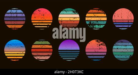 Retro 90s abstrakten Ozean Sonnenuntergang Kreis Abzeichen. Surf Beach Graphic Sunrise mit Gradienten und Grunge Textur. Neon vintage Sonnenuntergang Vektor-Set Stock Vektor