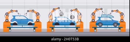 Industrie Roboterarm montieren Autos auf Förderband. Automobilfabrik automatisierte Herstellung. Flache Maschine Konstruktion Linie Vektor-Konzept Stock Vektor