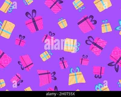 Bunte Geschenkboxen Nahtloses Muster. Sammlung von verschiedenen Geschenkboxen im flachen Stil. Festliches Design für Postkarten, Geschenkpapier, Banner und Promot Stock Vektor