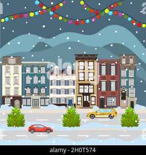 Weihnachten und ein frohes neues Jahr im Stadtbild, das die Winterferien feiert. Cartoon alte Gebäude Stadtstraße in flachem Stil. Vektorgrafik Stock Vektor