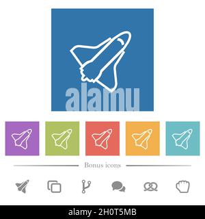 Space Shuttle umreißt flache weiße Symbole auf quadratischen Hintergründen. 6 Bonus-Symbole enthalten. Stock Vektor