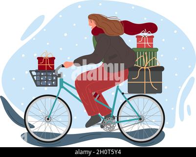 Weihnachten und ein glückliches neues Jahr Winterurlaub Konzept. Das Mädchen reitet Fahrrad mit Geschenken. Vektorgrafik Stock Vektor