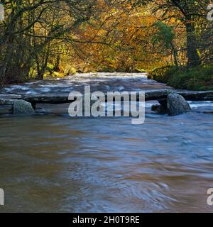 Ein herbstliches Bild von Tarr Steps, einer mittelalterlichen Steinklappenbrücke über den Fluss Barle im Exmoor National Park, Somerset, England. Stockfoto