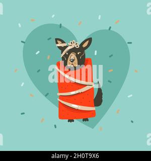Hand gezeichnet Vektor abstrakt Spaß Frohe Weihnachten und Happy New Year Time Cartoon Illustration Grußkarte mit Weihnachten niedlichen lustigen Hund in Geschenkpapier Stock Vektor