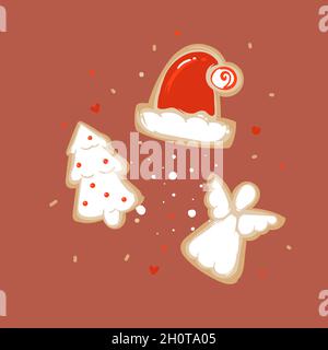 Hand gezeichnet Vektor abstrakt Spaß Frohe Weihnachten und Happy New Year Time Cartoon Illustration Grußkarte mit Lebkuchen Cookies und Konfetti Stock Vektor