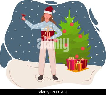 Weihnachten und Happy New Year Mädchen feiern mit Geschenkbox in der Nähe von Weihnachtsbaum. Vektorgrafik Stock Vektor