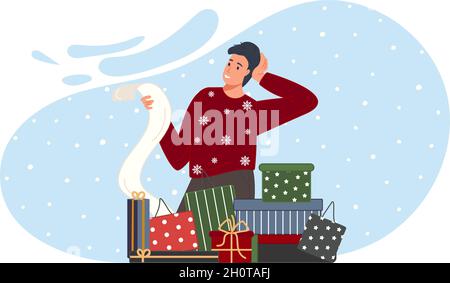 Weihnachten und glückliches neues Jahr Mann feiern . Der Mann liest die Checkliste der Geschenke. Vektorgrafik Stock Vektor