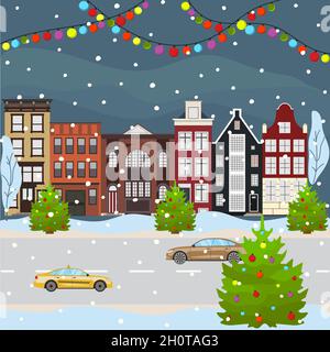 Weihnachten und ein frohes neues Jahr im Stadtbild, das die Winterferien feiert. Cartoon alte Gebäude Stadtstraße in flachem Stil. Vektorgrafik Stock Vektor