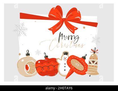 Hand gezeichnet Vektor abstrakt Frohe Weihnachten und Happy New Year Time Cartoon Illustration Grußkarte mit Retro vintage Weihnachtsbaum Kugel Spielzeug und Stock Vektor