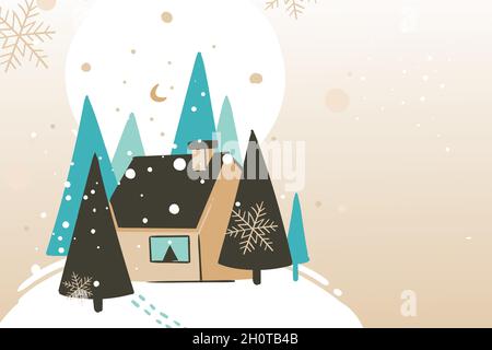 Hand gezeichnet Vektor abstrakt Spaß Frohe Weihnachten und Happy New Year Time Cartoon Illustration Grußkarte mit Winterlandschaft und gemütliches Zuhause in Stock Vektor