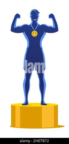 Glücklicher Champion mit den Armen nach oben, auf der goldenen Bühne stehend. Erster Sieger Sportler, mit einer Goldmedaille. Erfolg und erfolgreiche Konzeptdarstellung. Stock Vektor