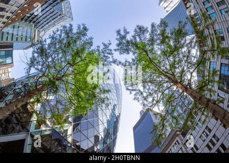 Weitwinkelfotografie mit Blick nach oben auf den architektonischen Raum innerhalb der City of London Stockfoto