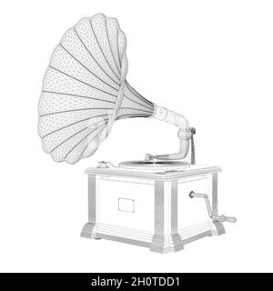 Plattenspieler-Drahtgestell aus Vinyl aus schwarzen Linien auf weißem Hintergrund isoliert. 3D. Vektorgrafik. Stock Vektor