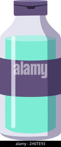 Eine Flasche Nagellackentferner. Maniküre-Werkzeuge. Pflege der Gesundheit von Händen und Nägeln. Schönheitssalon-Ikonen. Behälter mit Flüssigkeit, Deckel und Etikett. Vektorgrafik flach. Stock Vektor