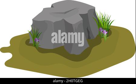 Felsstein mit Ästen von Gras und Krokusblüten als attraktives Landschaftsdesign-Element und Cartoon-Requisiten-Vektor-Illustration isoliert auf Weiß Stock Vektor