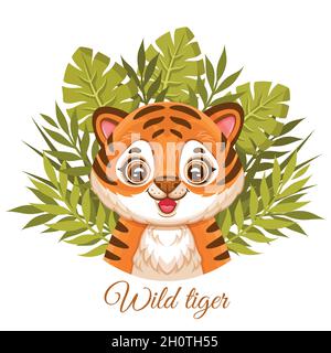 Niedliches afrikanisches Baby-Tiger-Gesicht, wildkates Dschungeljunges zwischen tropischen Blättern. Gestreifter Wildkatzenkopf. Kleines Leopardenkätzchen mit grünen Pflanzen. Cartoon-Vektor Stock Vektor