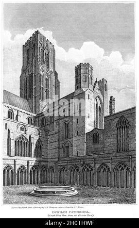 Eine Gravur der Kathedrale von Durham (South West View, from the Cloister Yard), die in hoher Auflösung von einem Buch aus dem Jahr 1812 gescannt wurde. Stockfoto