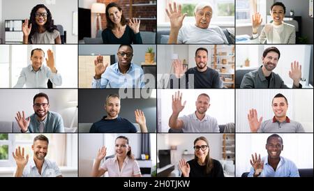 Online-Videokonferenzen Anruf Winkende Hand Gruppen-Chat-Bildschirm Stockfoto