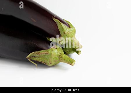 Frische Auberginen isoliert auf weißem Hintergrund, Nahaufnahme ganze Aubergine, Seitenansicht Stockfoto