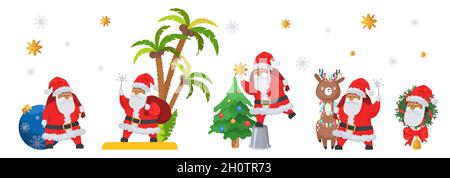 Weihnachtsmann Zeichentrickfigur gesetzt. Niedlicher Weihnachtsmann mit Weihnachtsbaum, Rentier, Kranz, Kugel, Wunderkerzen, Sack, Vektor. Stock Vektor