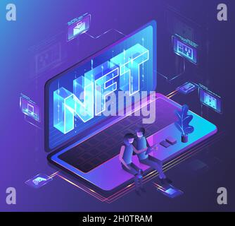 NFT nicht fungible Token, digitale Krypto-Art-Blockchain-Technologie, Vektor-isometrische Illustration, Neonlicht-Design. Stock Vektor
