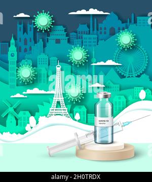 Impfkampagne gegen Coronavirus, Schutz vor Covid-19-Krankheit, Reise nach Covid-Impfstoff, Vektordarstellung. Stock Vektor