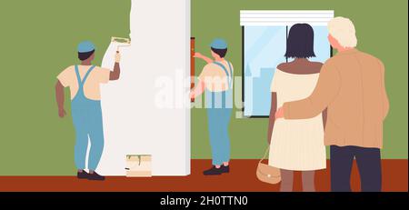 Haus Renovierung arbeiten, Reparatur-Service für Familie Vektor Illustration. Cartoon junge Paar Menschen umarmen, beobachten, wie Maler Arbeiter Reparatur Wohnung Interieur, malen Wand mit Rollenhintergrund Stock Vektor