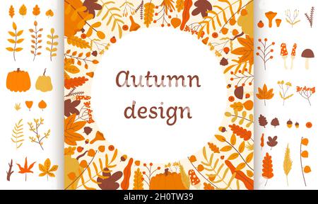 Herbst runde Design Vektor-Illustration. Cartoon Kürbis Lebensmittelernte, Blumen, rot orange Baum Blatt und Eichel, Pilz in einfachen Kranz Grenze Rahmen der Herbst Kreis Karte für Herbst Saison Hintergrund Stock Vektor