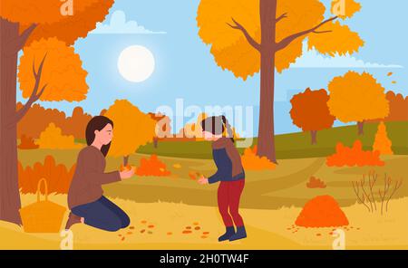 Herbstspaziergang von spielenden Familienmenschen Vektorgrafik. Cartoon glückliche Mutter und Tochter Kind Figuren spielen mit orangefarbenen Herbstblättern, genießen Freizeit im Naturpark und Herbst Saison Hintergrund Stock Vektor