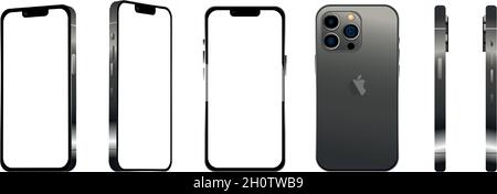 Schwarzes modernes Smartphone-Handy iPhone 13 pro in 6 verschiedenen Winkeln auf weißem Hintergrund - Vektor-Illustration Stock Vektor