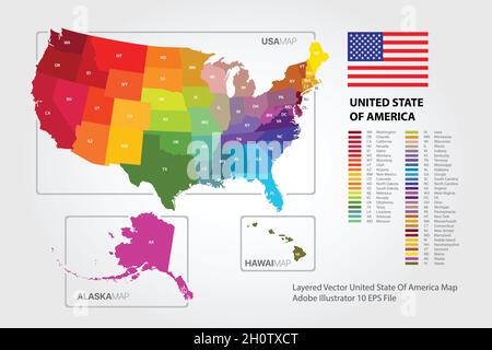 Farbenfrohe Kartenvektoren der Vereinigten Staaten von Amerika mit hoher Detailgenauigkeit und Genauigkeit. Stock Vektor