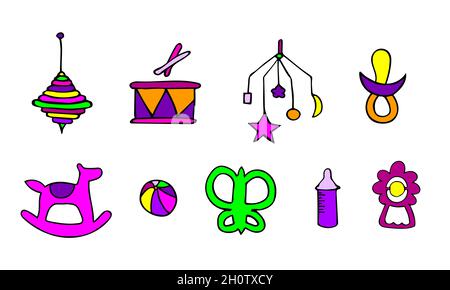 Bunte Reihe von handgezeichneten Symbolen mit Spielzeug für Kinder. Stock Vektor