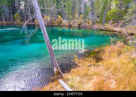 Canmore, Alberta, Kanada - 28. September 2021: Grassi Lake in den südlichen kanadischen Rockies mit Blick auf die Stadt Canmore, Alberta Stockfoto