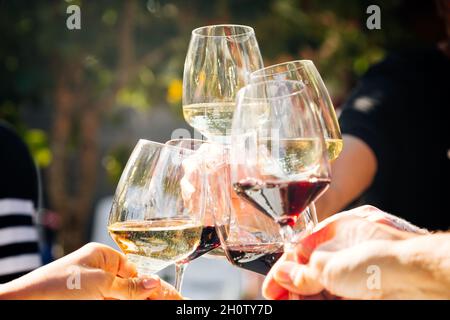 Nahaufnahme von sechs Personen, die an einem sonnigen Tag mit Weiß- und Rotwein im Freien toasten Stockfoto